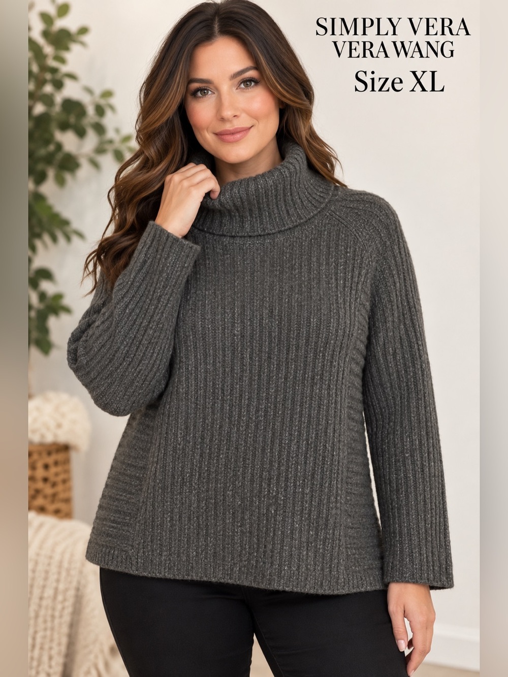Simply Vera Vera Wang Women XL Charcoal Gray Metallic Ribbed Turtleneck Sweater